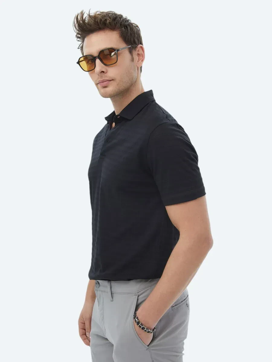 Black Jacquard Polo Neck 100% Cotton T-Shirt - 6