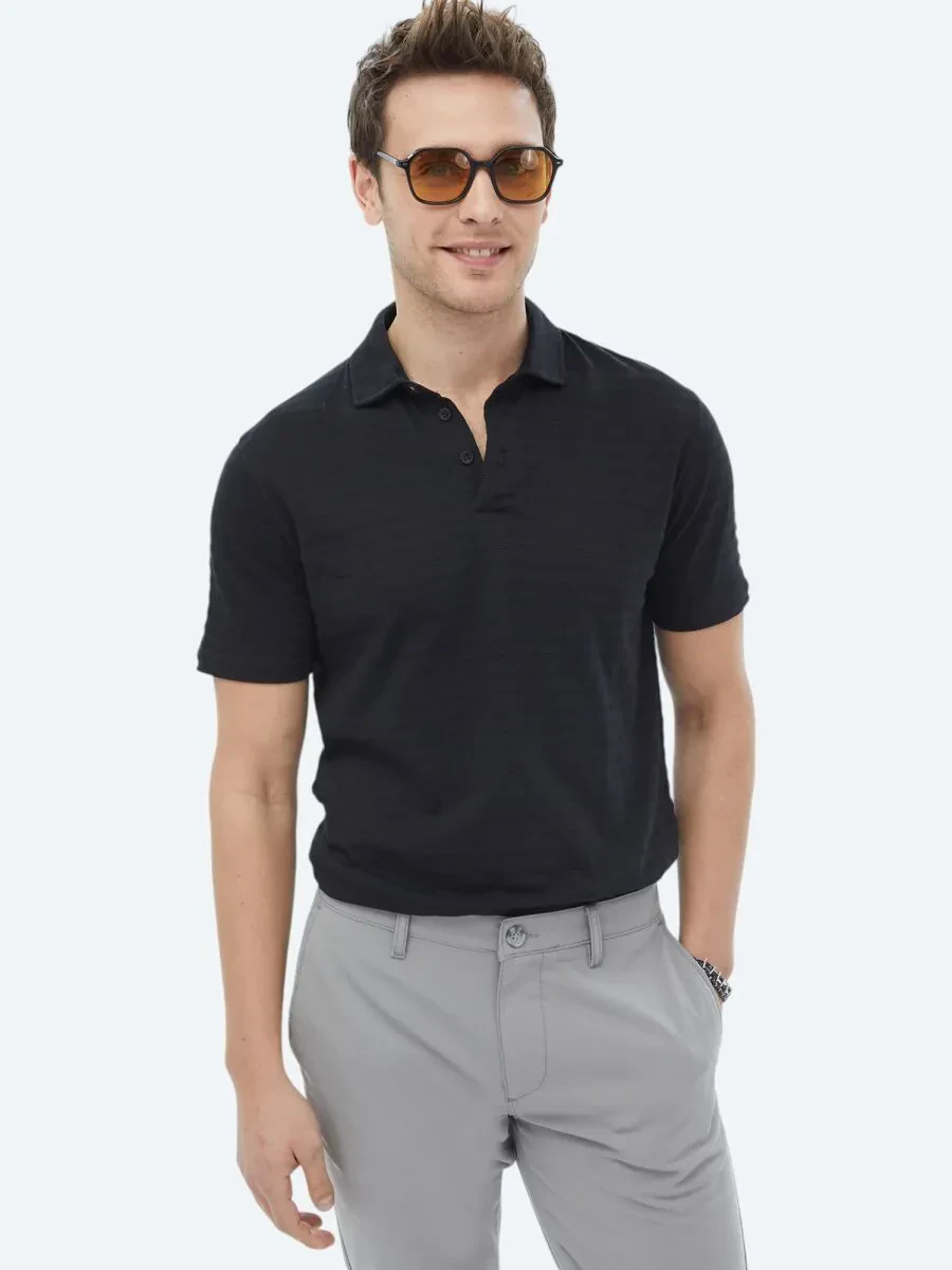 Black Jacquard Polo Neck 100% Cotton T-Shirt - 7