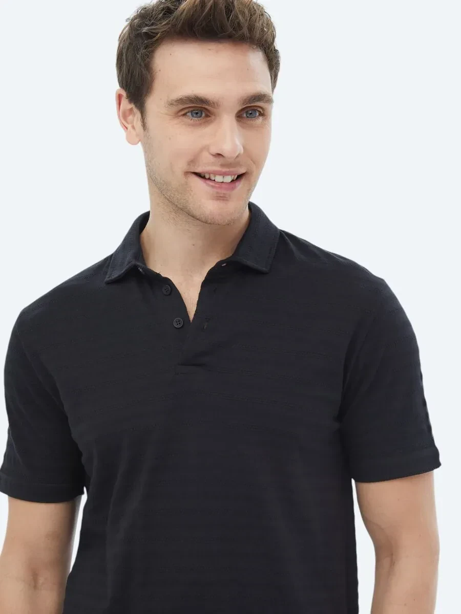 Black Jacquard Polo Neck 100% Cotton T-Shirt - 8