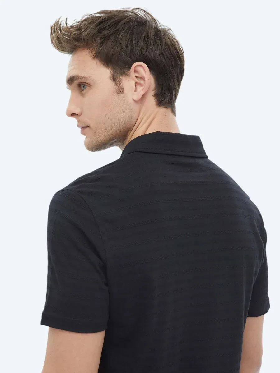 Black Jacquard Polo Neck 100% Cotton T-Shirt - 9