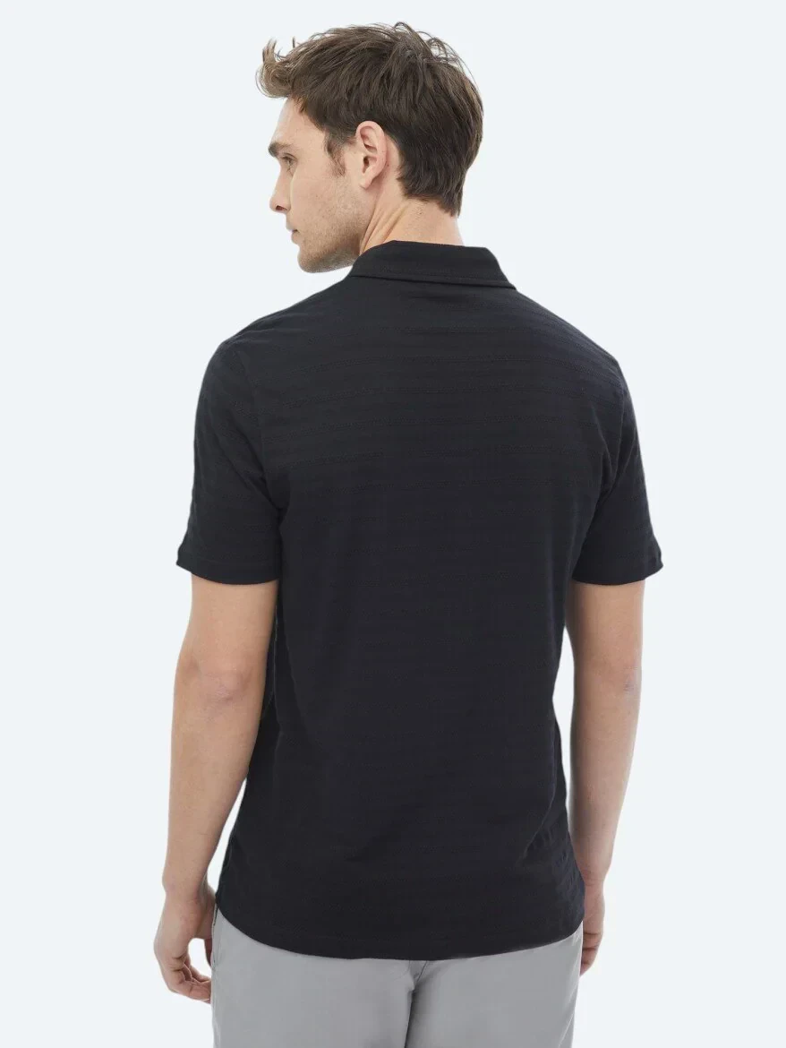Black Jacquard Polo Neck 100% Cotton T-Shirt - 10