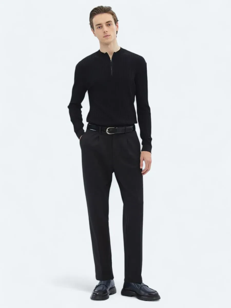Black Knitting Carrot Fit Casual Trousers - 1
