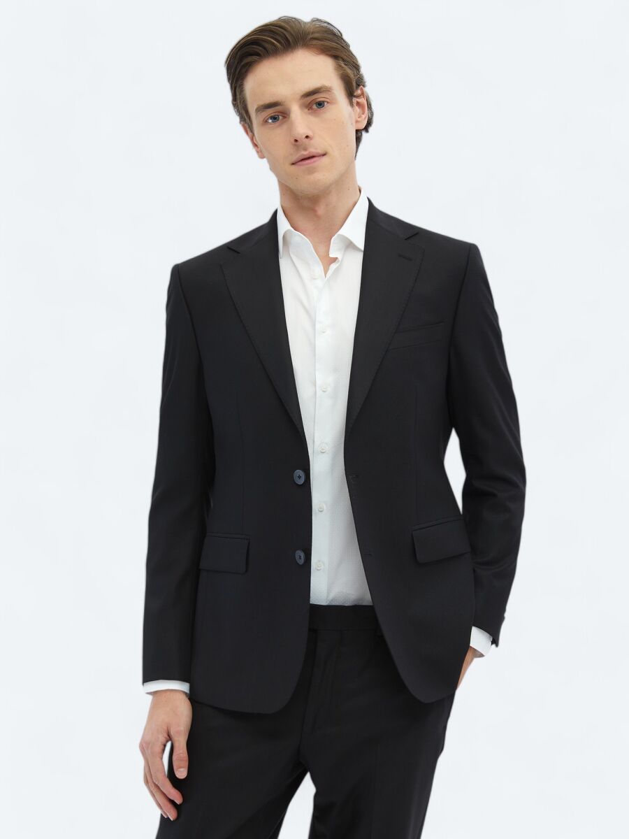 Black Micro Modern Fit Recycled Wool Blended Suit - 1