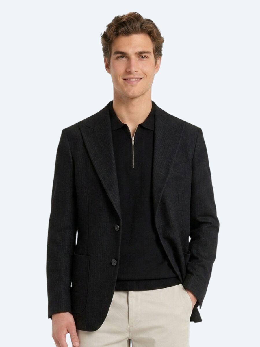 Black Micro Modern Fit Wool Blended Jacket - 2