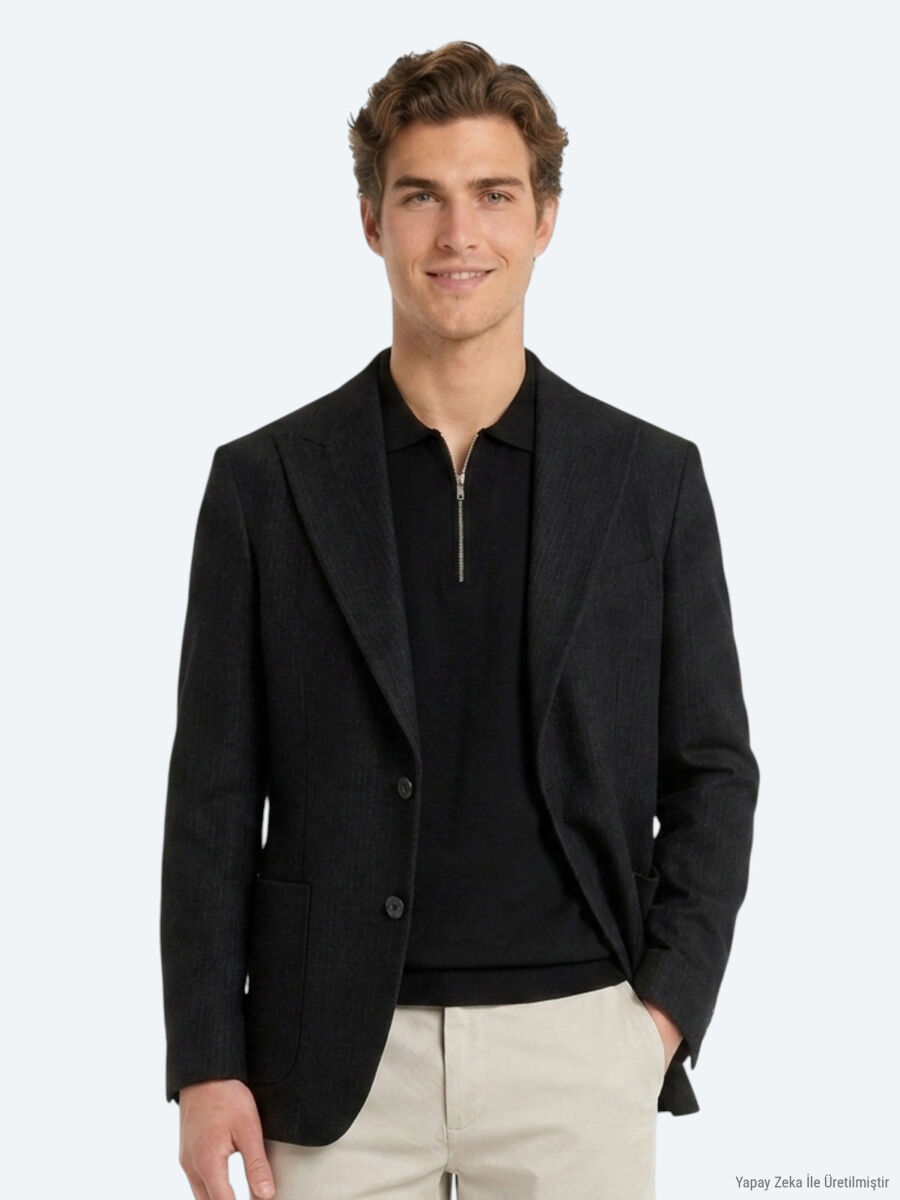 Black Micro Modern Fit Wool Blended Jacket - 2