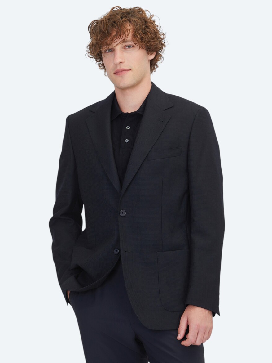 Black Micro Regular Fit 100% Wool Jacket - 1