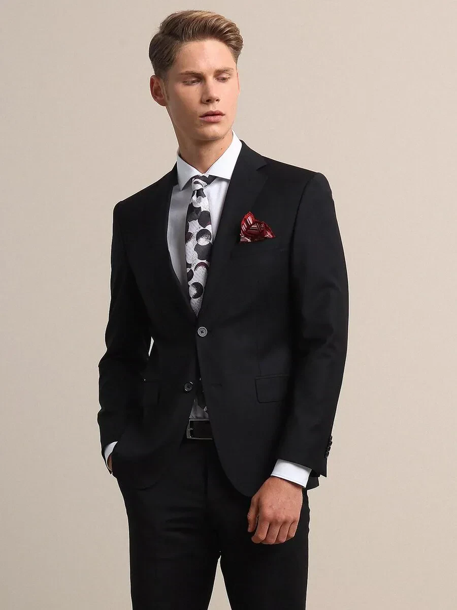 Black Modern Fit Wool Blended Suit - 1