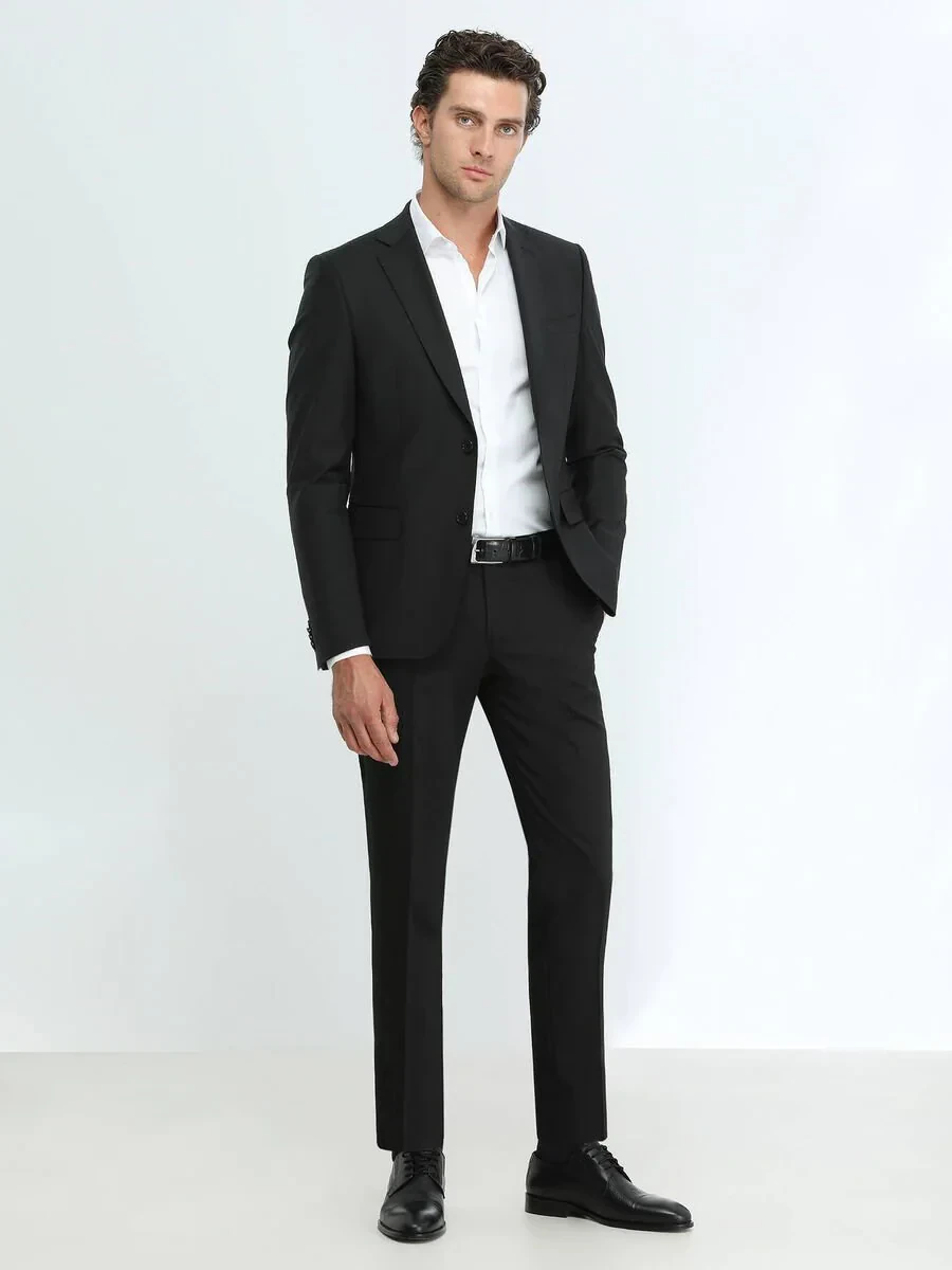 Black Modern Fit Wool Blended Suit - 2