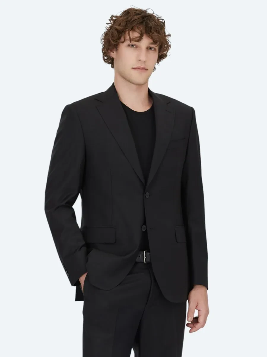 Black Modern Fit Wool Blended Suit - 1