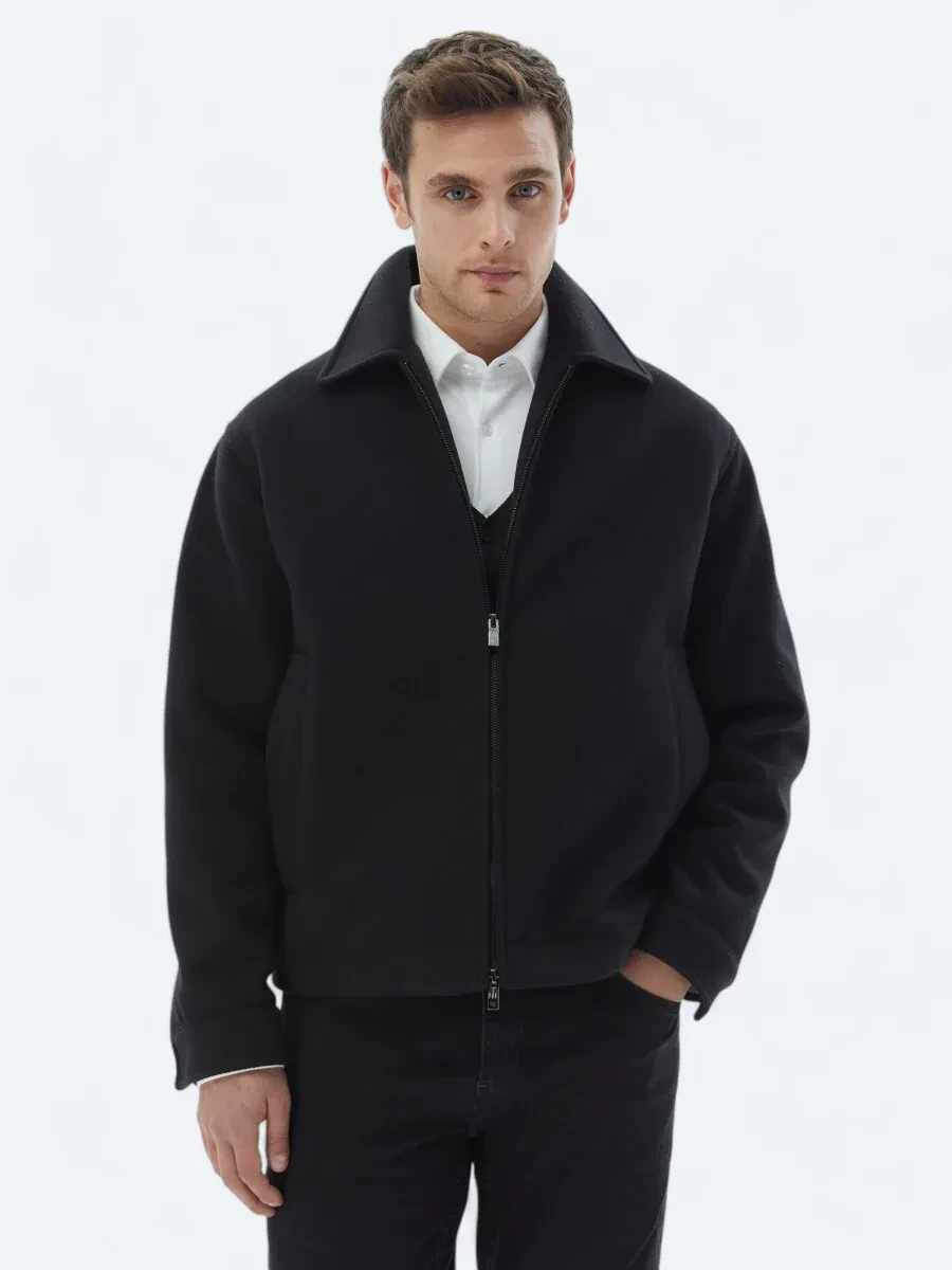 Black Oversize Fit Round Collar Casual Knitting Coat - 1