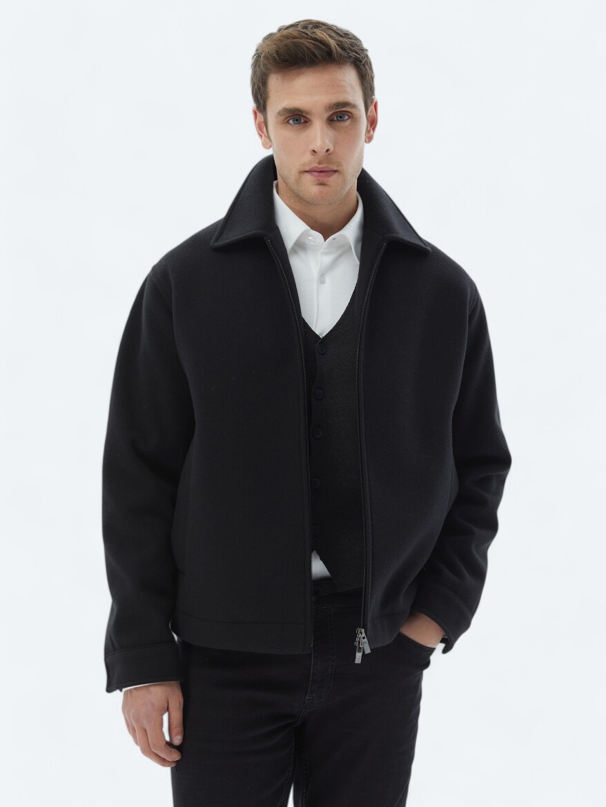 Black Oversize Fit Round Collar Casual Knitting Coat - 2