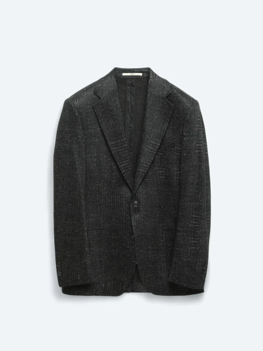 Black Patterned Comfort Fit Wool Blended Jacket - 7
