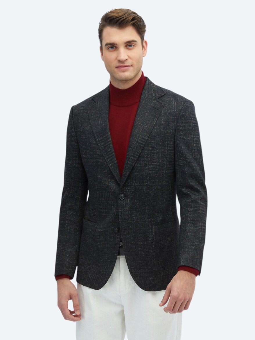 Black Patterned Comfort Fit Wool Blended Jacket - 1