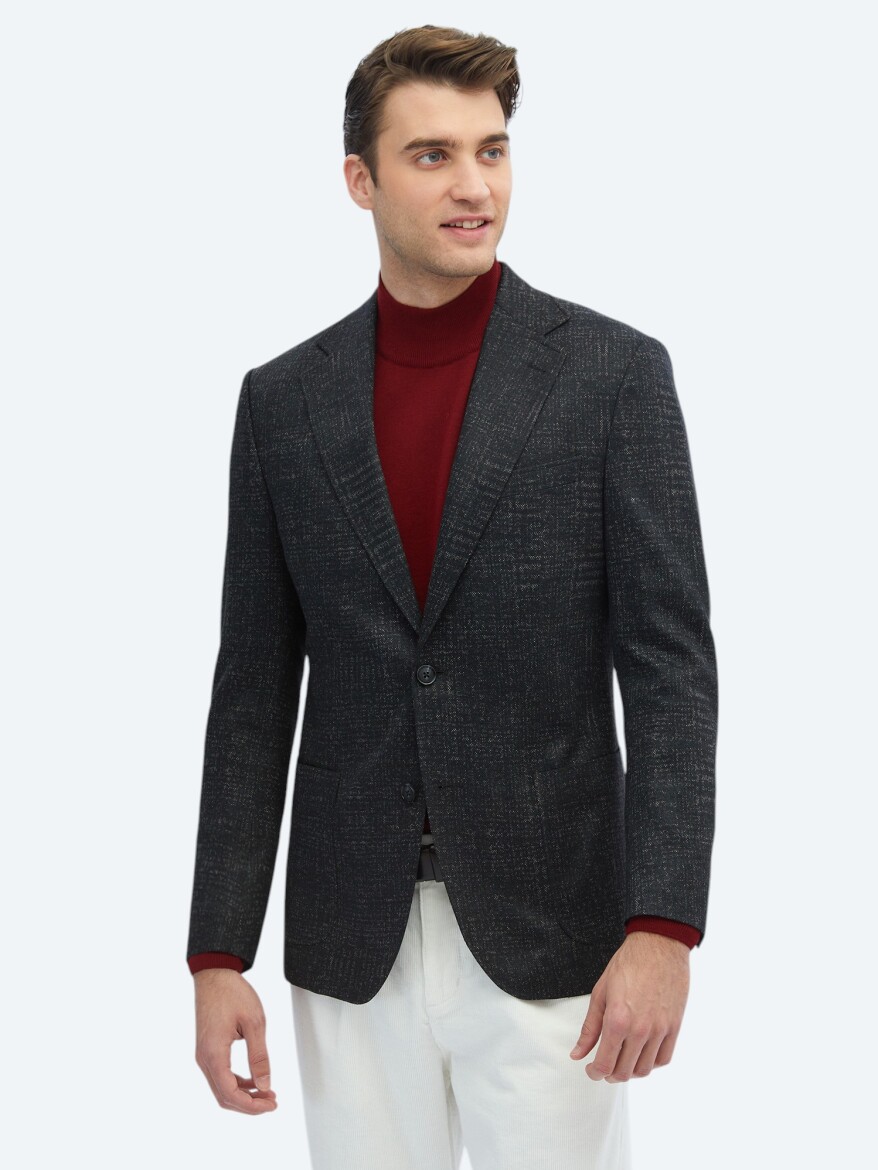 Black Patterned Comfort Fit Wool Blended Jacket - 3