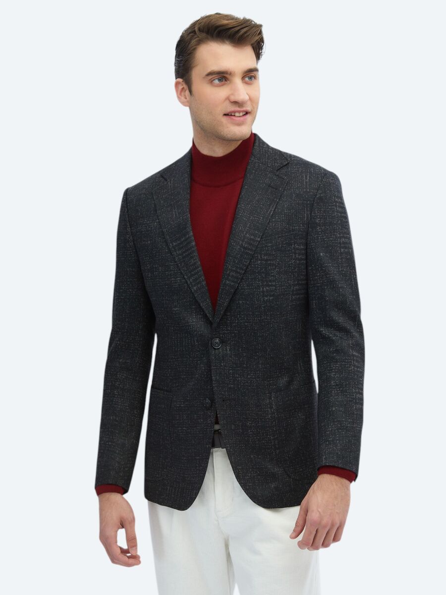 Black Patterned Comfort Fit Wool Blended Jacket - 3