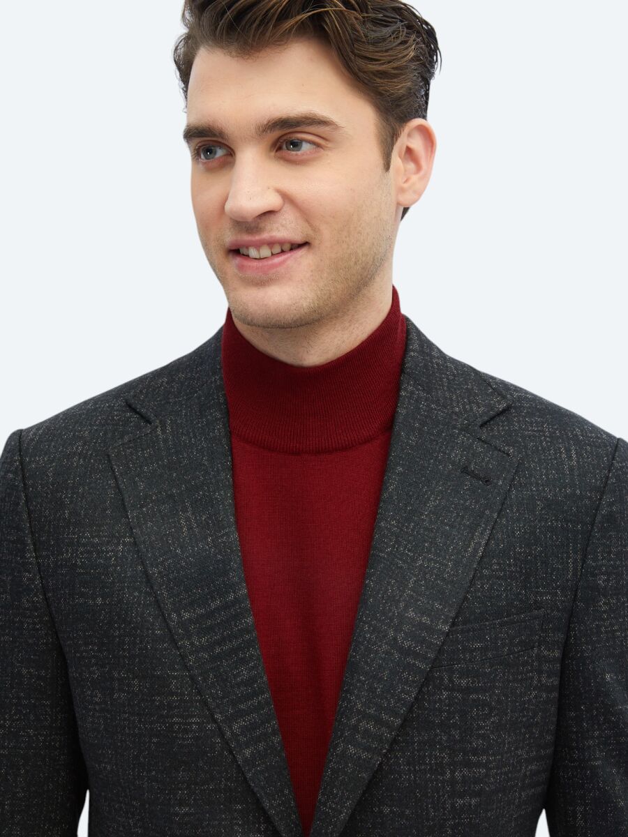 Black Patterned Comfort Fit Wool Blended Jacket - 4