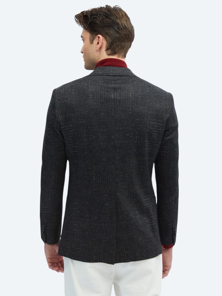 Black Patterned Comfort Fit Wool Blended Jacket - 6