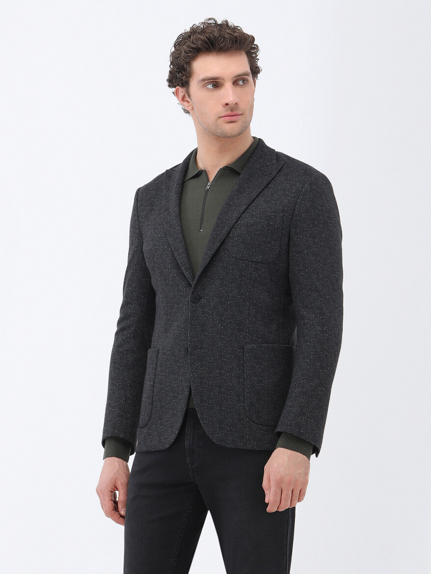 Black Patterned Modern Fit Jacket - KİP