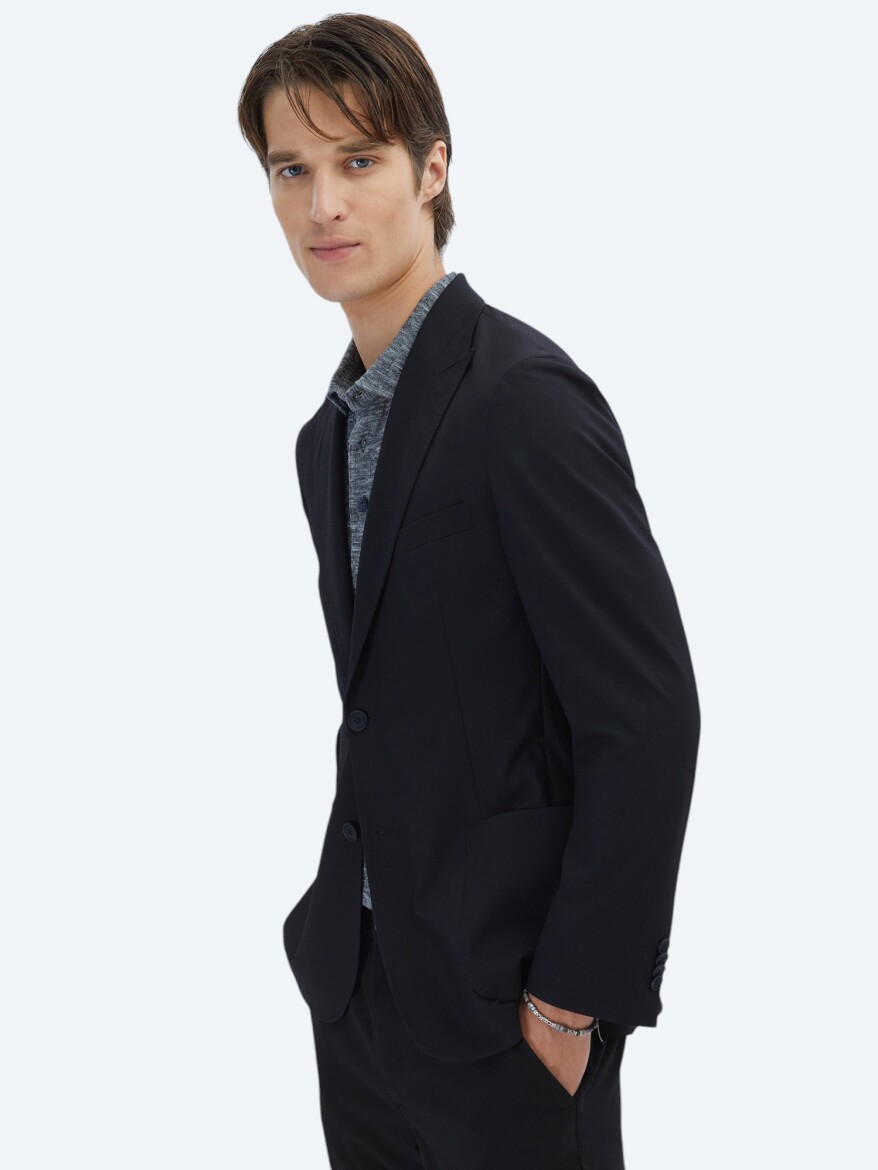 Black Patterned Modern Fit Jacket - 3