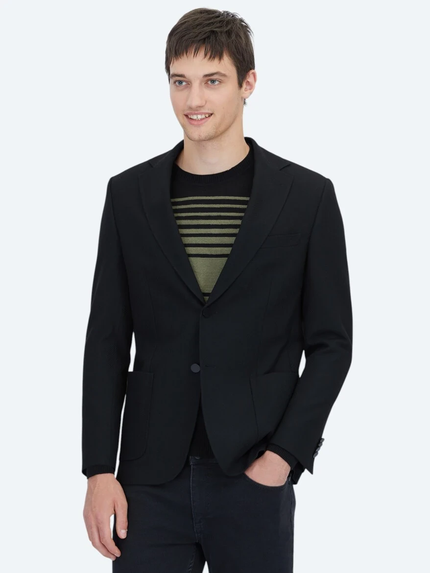 Black Patterned Modern Fit Jacket - 1