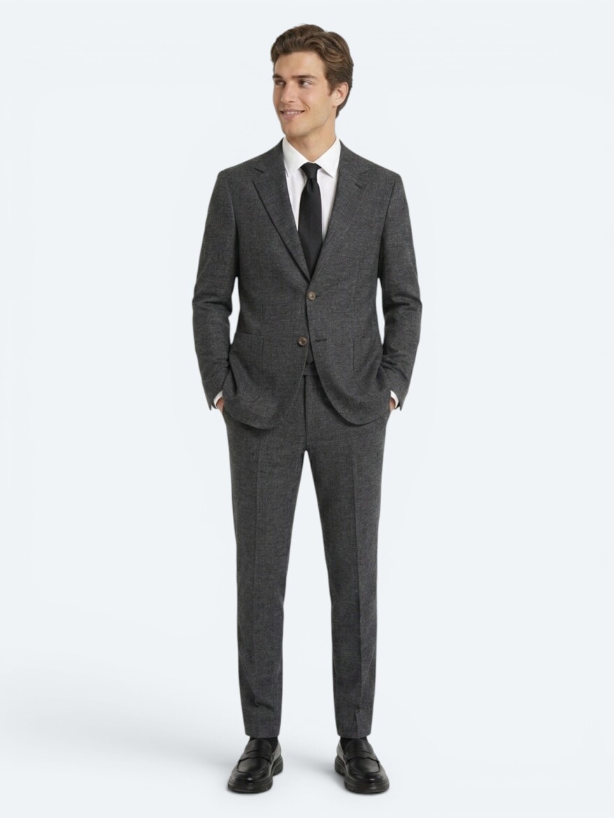 Black Patterned Modern Fit Linen Blended Suit - KİP