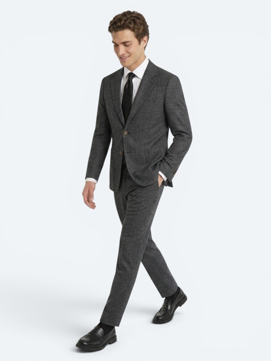 Black Patterned Modern Fit Linen Blended Suit - 3