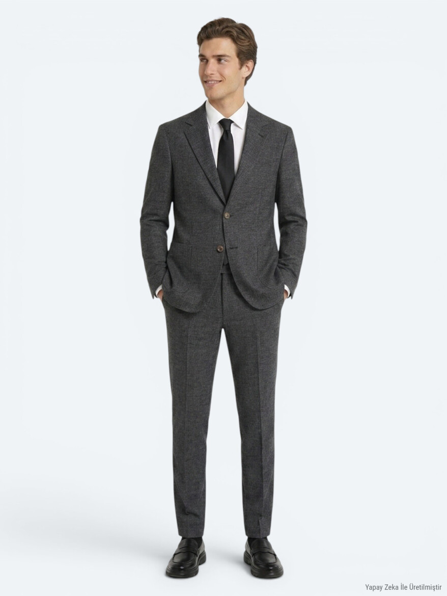 Black Patterned Modern Fit Linen Blended Suit - KİP