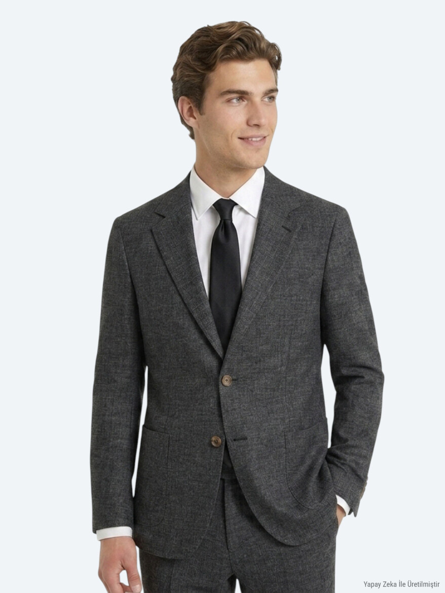 Black Patterned Modern Fit Linen Blended Suit - KİP