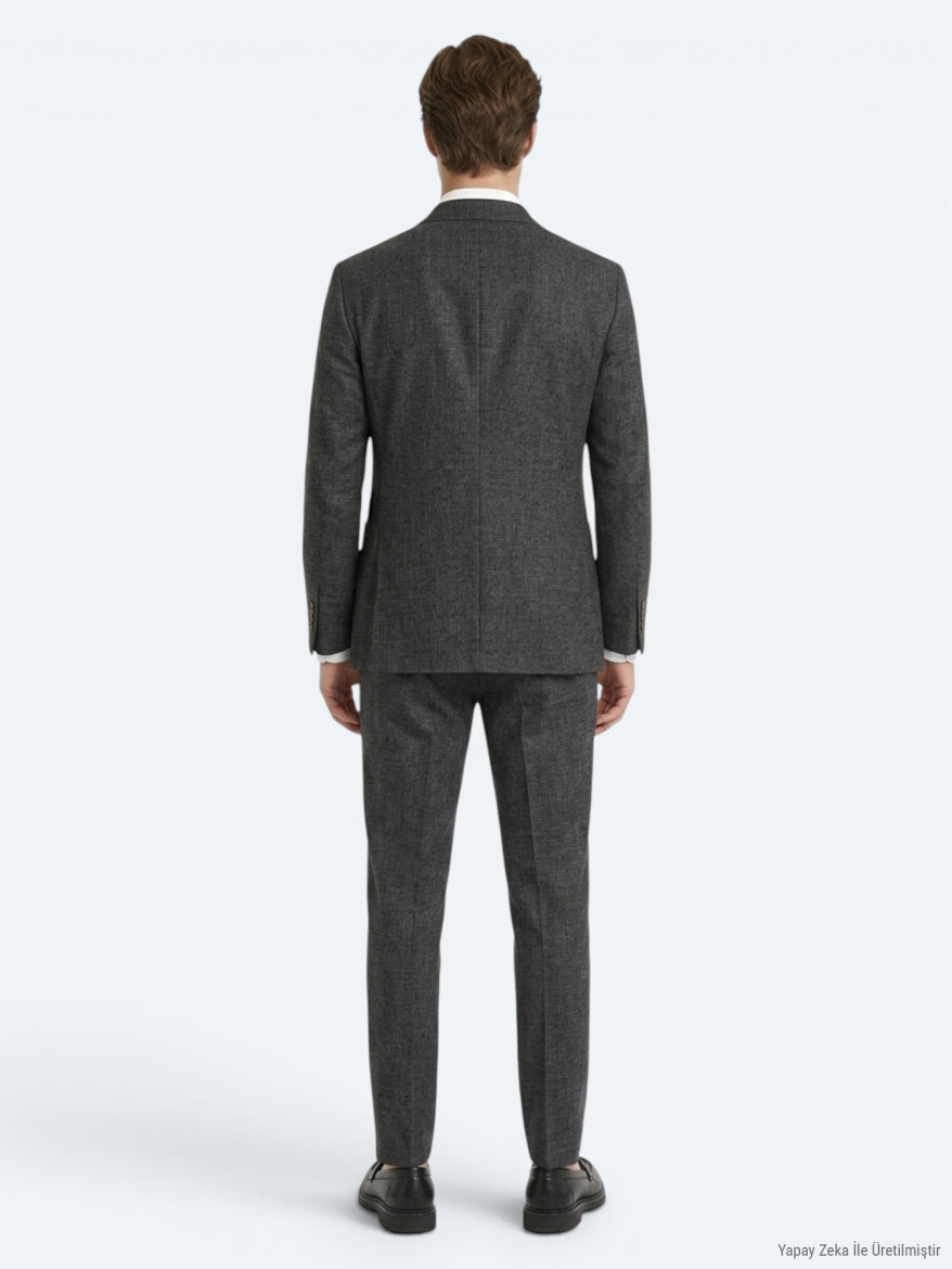 Black Patterned Modern Fit Linen Blended Suit - 4