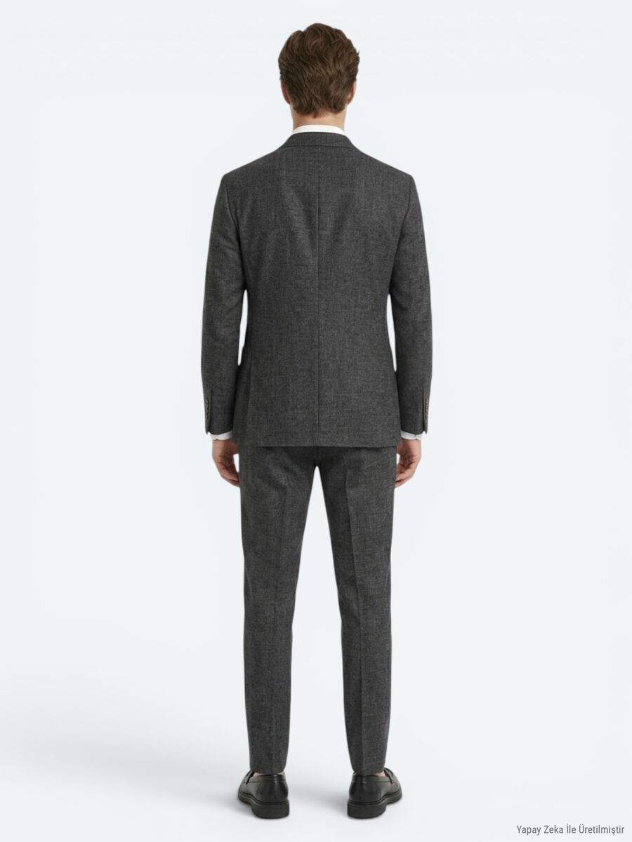 Black Patterned Modern Fit Linen Blended Suit - 4