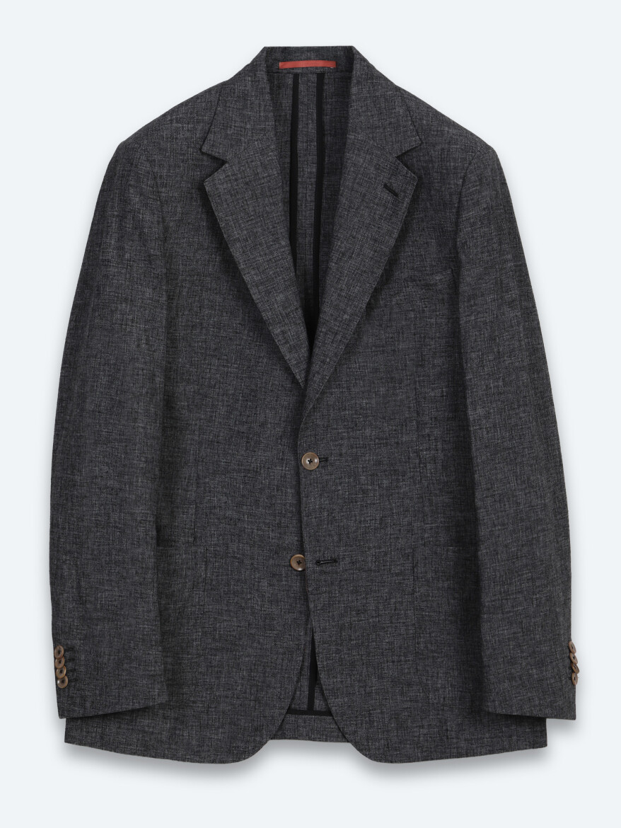 Black Patterned Modern Fit Linen Blended Suit - 5