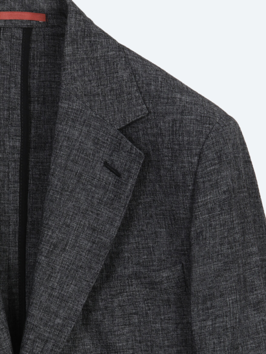 Black Patterned Modern Fit Linen Blended Suit - 7