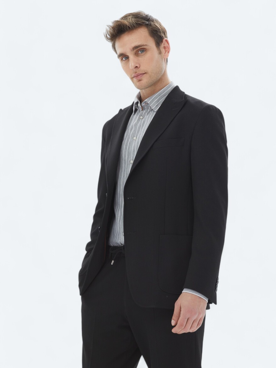 Black Patterned Modern Fit Suit - 1