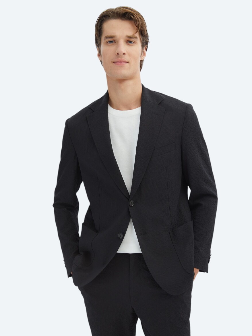 Black Patterned Modern Fit Suit - 1