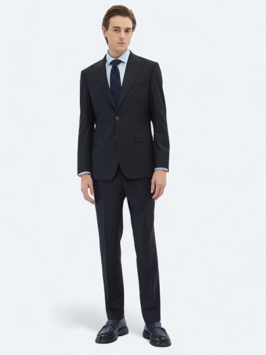 Black Patterned Modern Fit Wool Blended Suit - 2