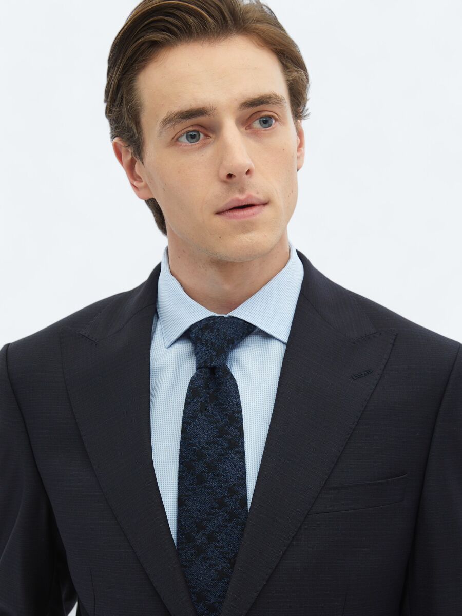 Black Patterned Modern Fit Wool Blended Suit - 4