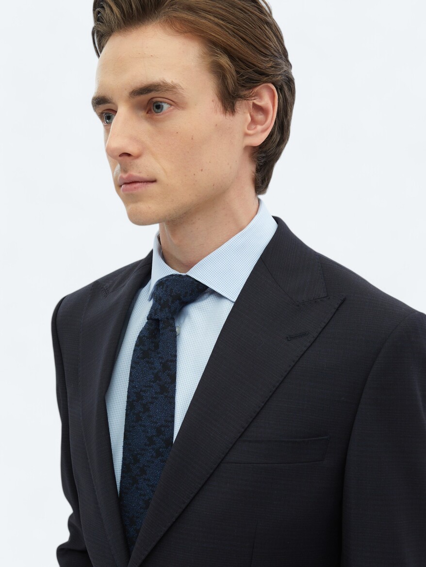 Black Patterned Modern Fit Wool Blended Suit - 5