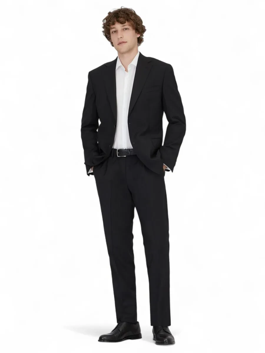 Black Patterned Modern Fit Wool Blended Suit - 2