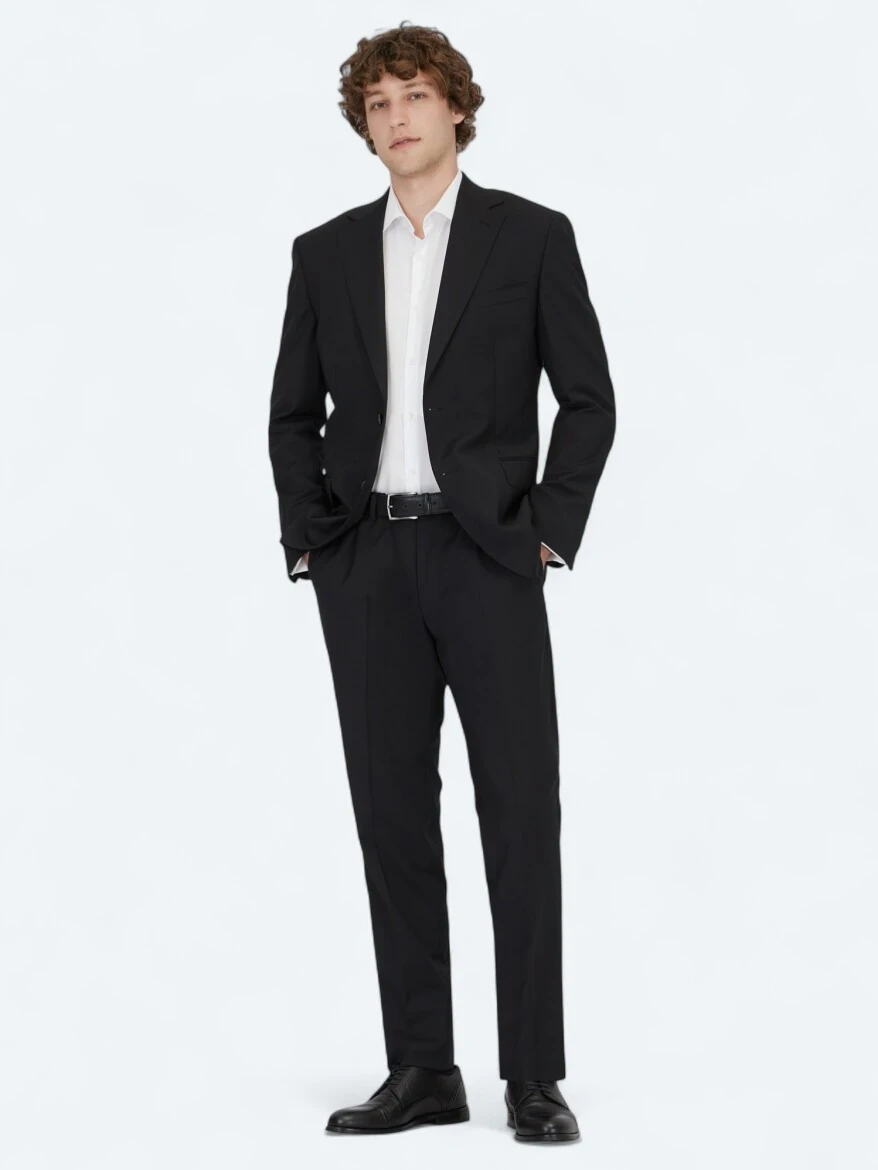 Black Patterned Modern Fit Wool Blended Suit - 2