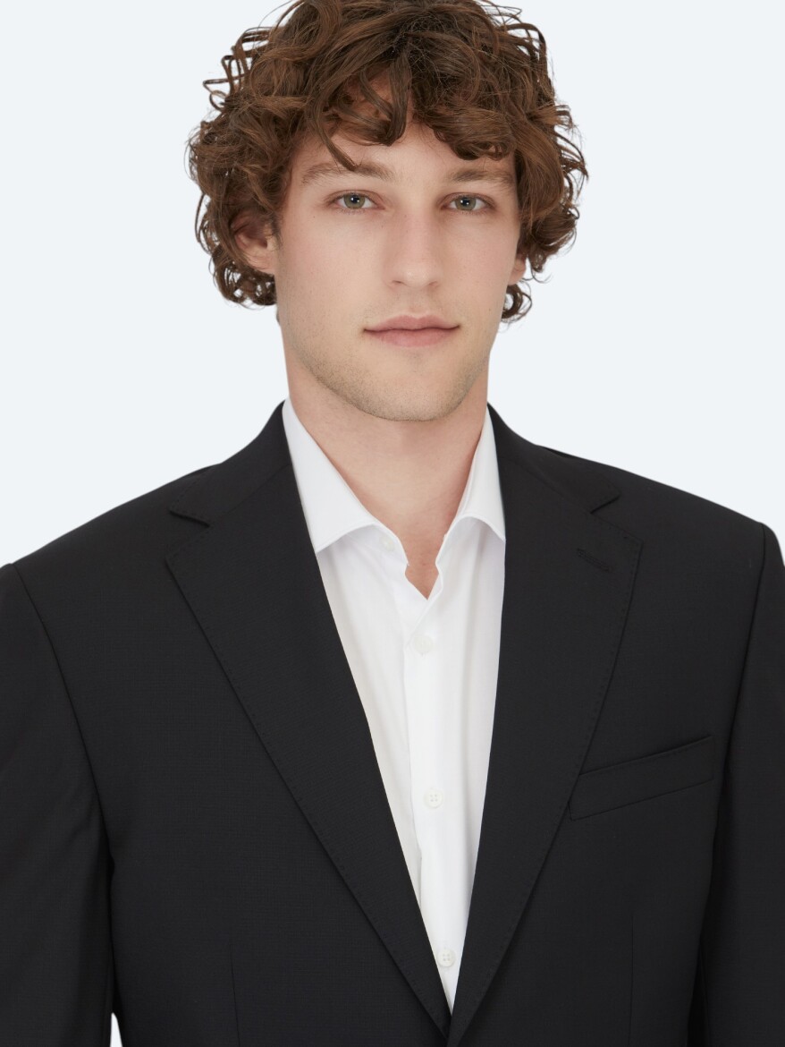 Black Patterned Modern Fit Wool Blended Suit - 3