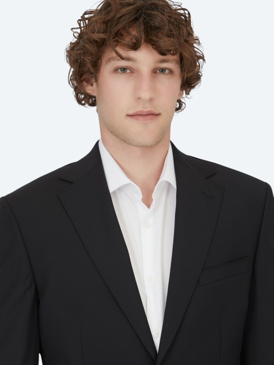 Black Patterned Modern Fit Wool Blended Suit - 3