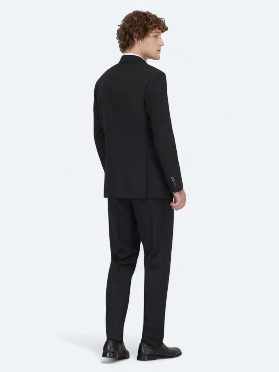 Black Patterned Modern Fit Wool Blended Suit - 5