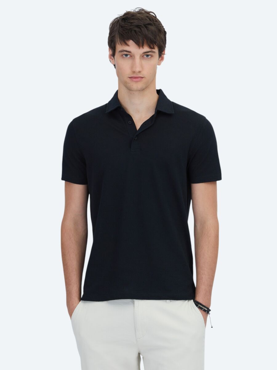 Black Patterned Polo Neck Cotton Blended T-Shirt - 1