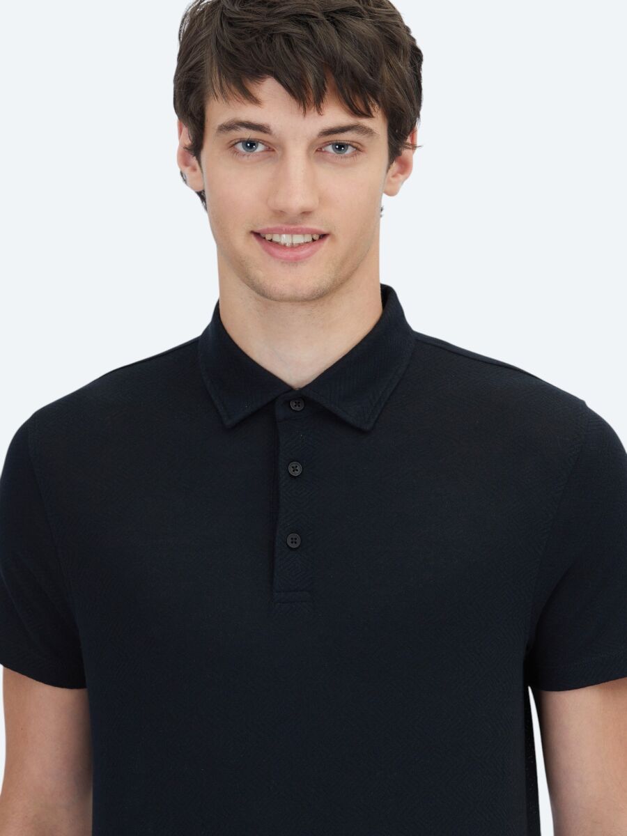Black Patterned Polo Neck Cotton Blended T-Shirt - 3