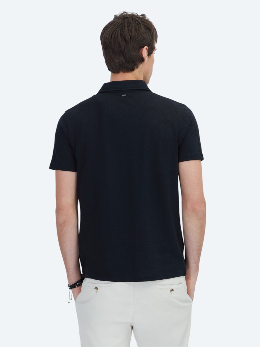 Black Patterned Polo Neck Cotton Blended T-Shirt - 5