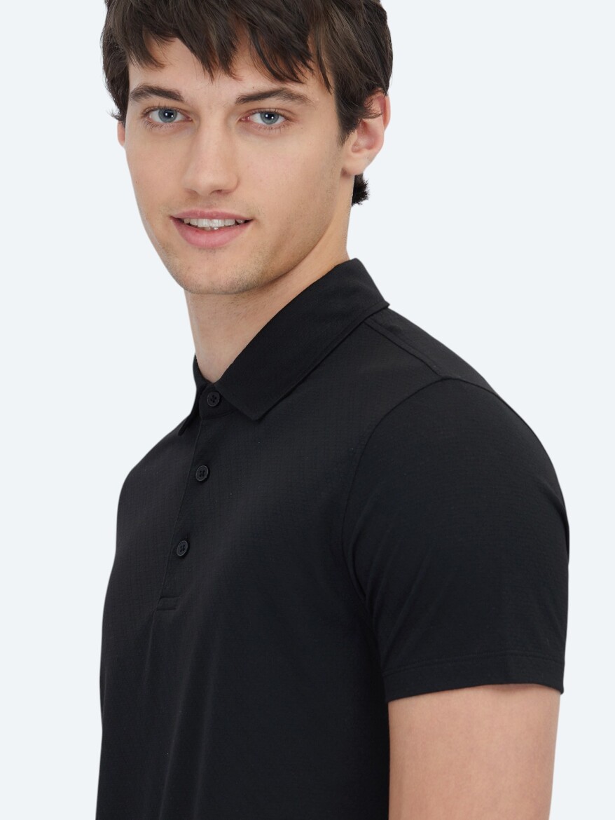 Black Patterned Polo Neck T-Shirt - 4