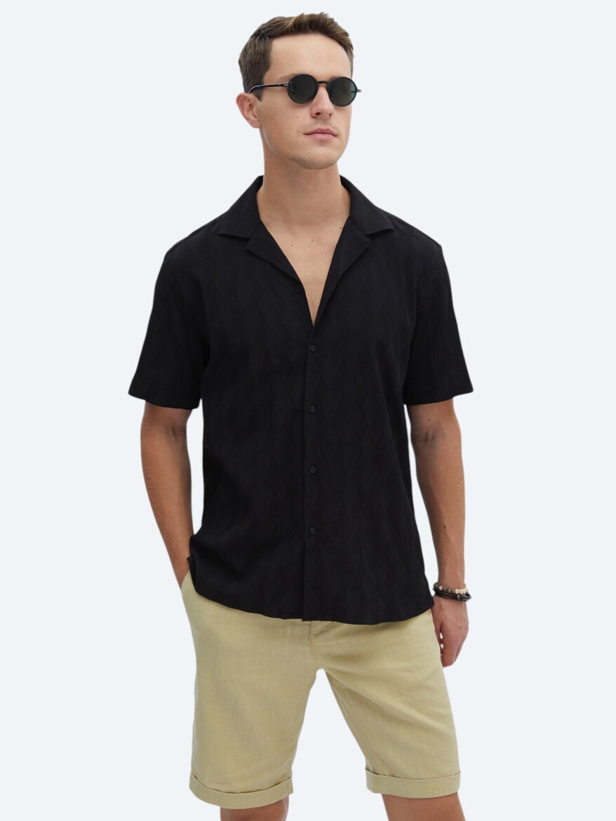 Black Patterned Regular Fit Weaving Casual Cotton Blended Shirt - 1