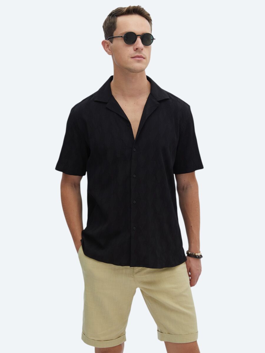 Black Patterned Regular Fit Weaving Casual Cotton Blended Shirt - 1