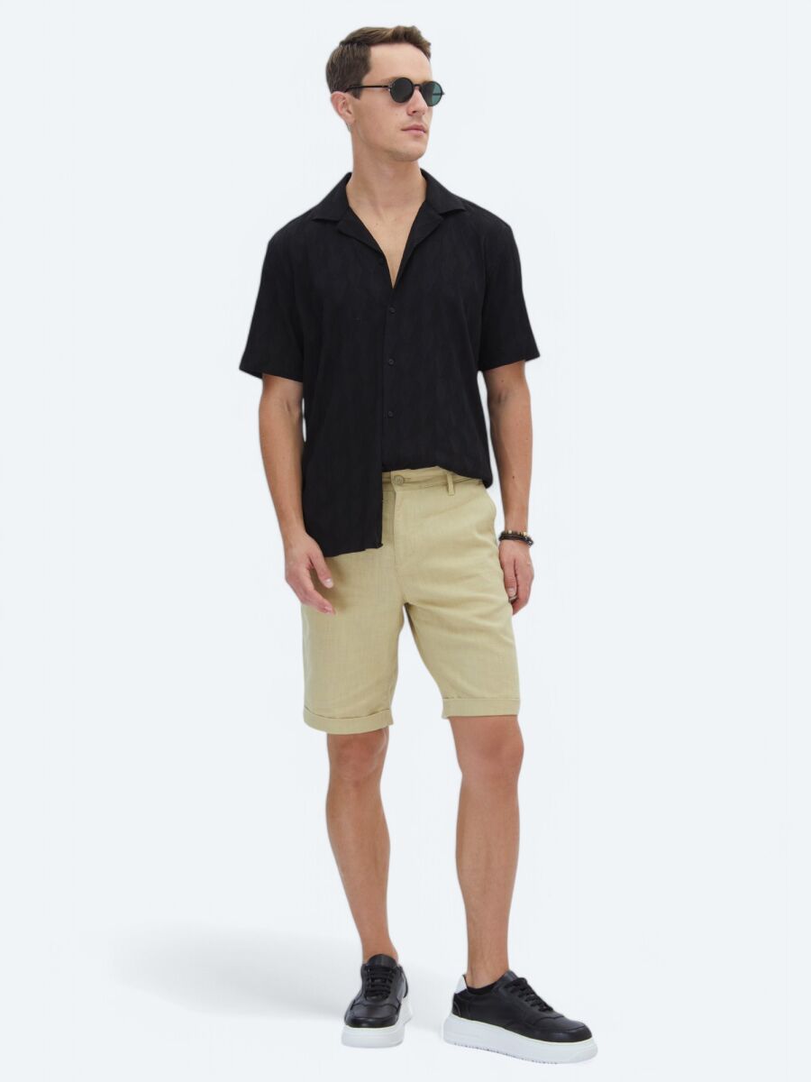 Black Patterned Regular Fit Weaving Casual Cotton Blended Shirt - 3