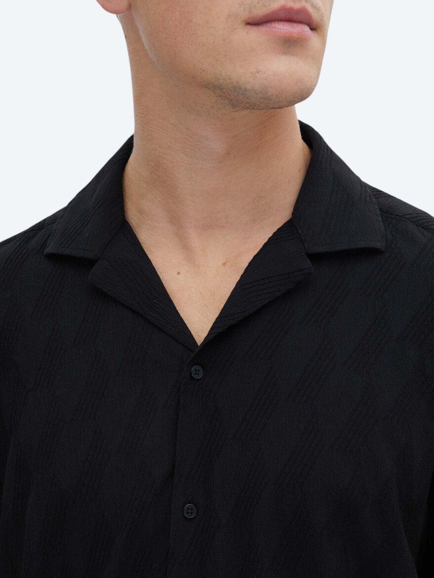 Black Patterned Regular Fit Weaving Casual Cotton Blended Shirt - 5